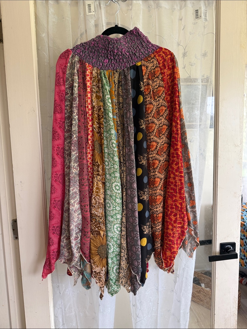 Smocked Waist Multi-Panel Patchwork Maxi Skirt  100% silk, twirl ready!